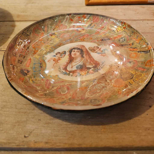 Victorian American Folk Tramp Art Decoupage Cigar band Bowl w/Girl Paris Cigar