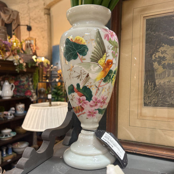 Vintage Opaline Glass Hand Painted White Pedestal Vase w/ Bird and Floral Motif