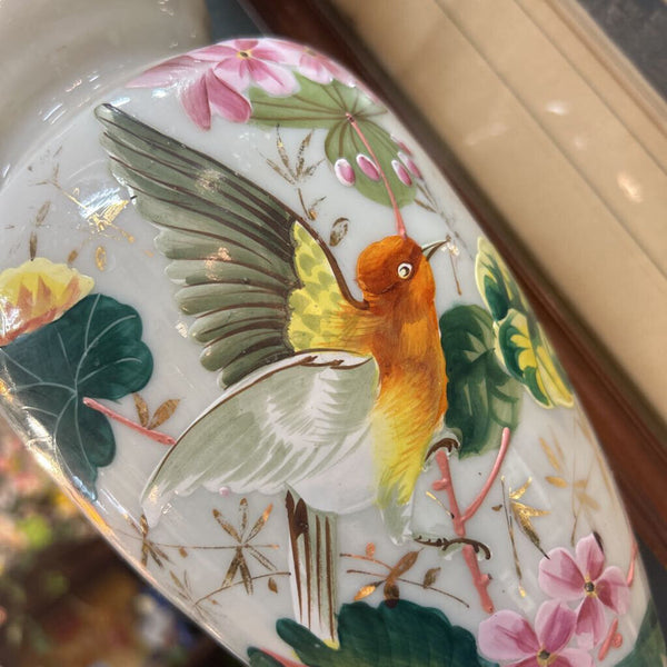 Vintage Opaline Glass Hand Painted White Pedestal Vase w/ Bird and Floral Motif