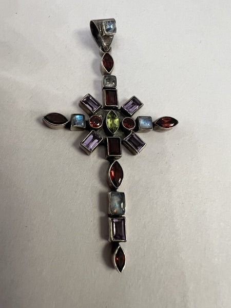 Vintage Sterling Amethyst Garnet Labradorite Peridot Cross