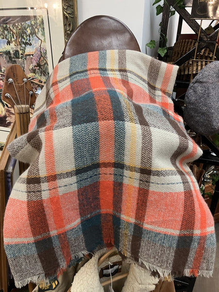 Vintage woven orange/green plaid blanket, 60"x60"