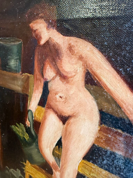Vintage signed oil painting, nude women bathing, 1936