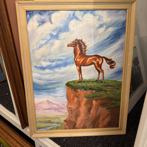 Vintage Oil Painting of Horse on Cliff, signed "Barbara Tozier '46"