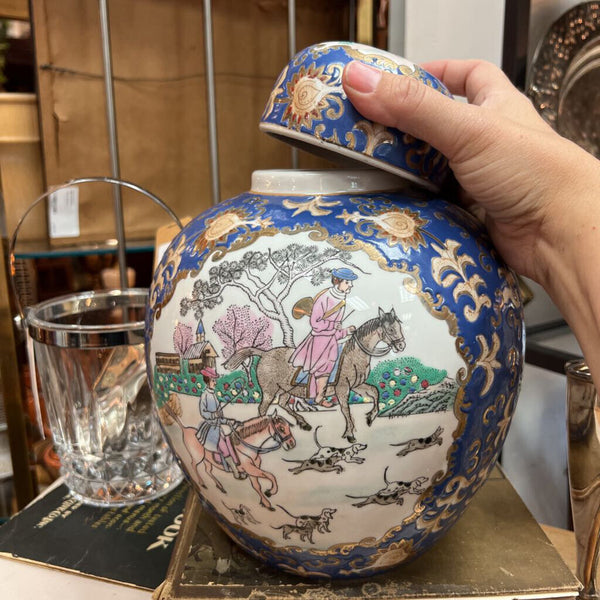 Vintage WBI China Porcelain Hunting Scene Ginger Jar