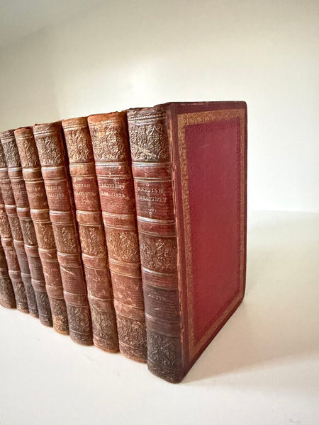 0897 British Essayists Partial Full Red Moroccan Leather 9 Book Set c. 1819