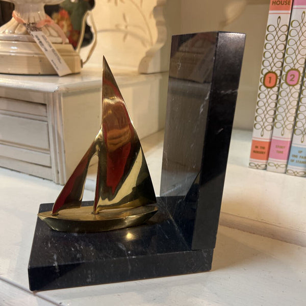 Vintage Brass & Onyx Sailboat Bookend