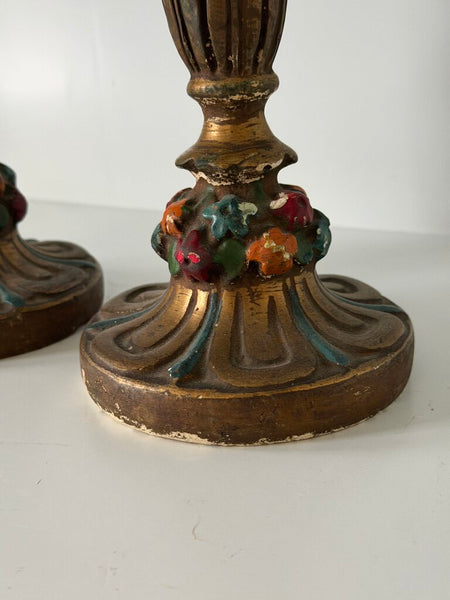 0965 Antique hand painted plaster candle holder pair