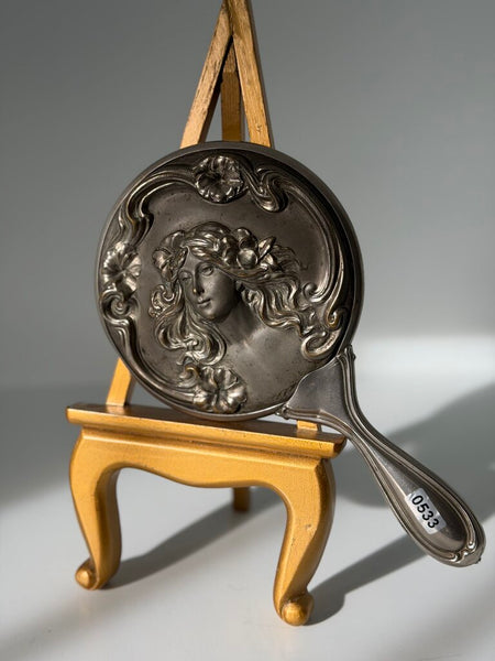 0533 Art Deco Pewter figural woman hand mirror
