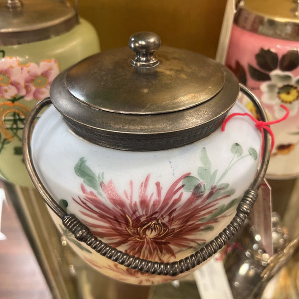 Antique Hand Painted Spider Mums Biscuit Jar