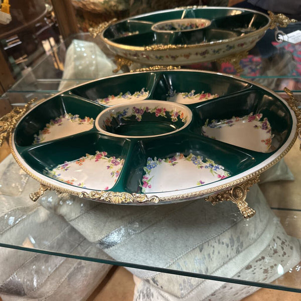 Vintage made in Italy ALFA Ceramiche ormolu encased Porcelain platter 12x20"