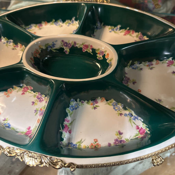 Vintage made in Italy ALFA Ceramiche ormolu encased Porcelain platter 12x20"