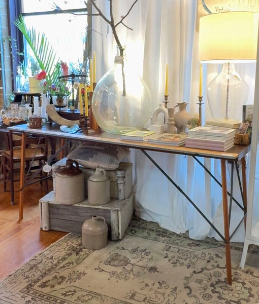 Vintage wallpaper table (table only) in store pick up only 22"d x 73"w x 32.5" tall dark wood
