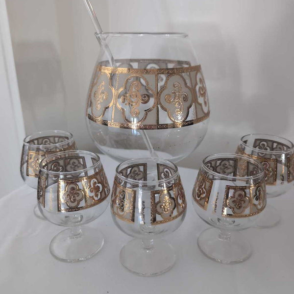 Lovely Vintage Culver Toledo Pattern 22k Gold trimmed Brandy Snifter Set - with 5 Glasses and Glass Stirer