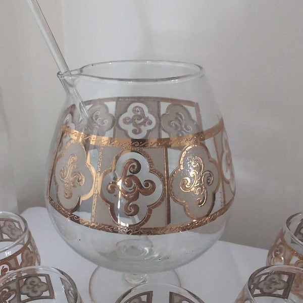 Lovely Vintage Culver Toledo Pattern 22k Gold trimmed Brandy Snifter Set - with 5 Glasses and Glass Stirer