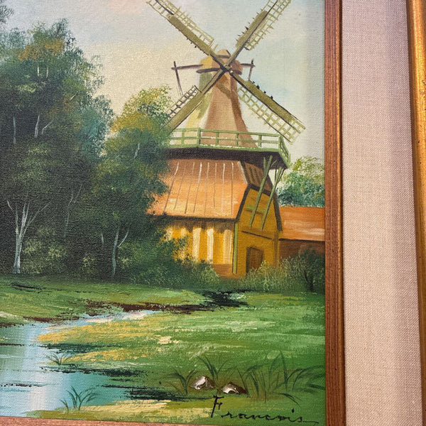 Vintage Signed Oil Painting of Windmill 20" x 24"