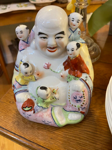 Vintage laughing, Buddha Chinese porcelain symbol of joy and happiness 24 karat highlights as is