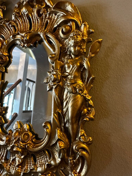 GOLD ROCOCO MIRROR, WOMAN, CHRUB, BIRDS