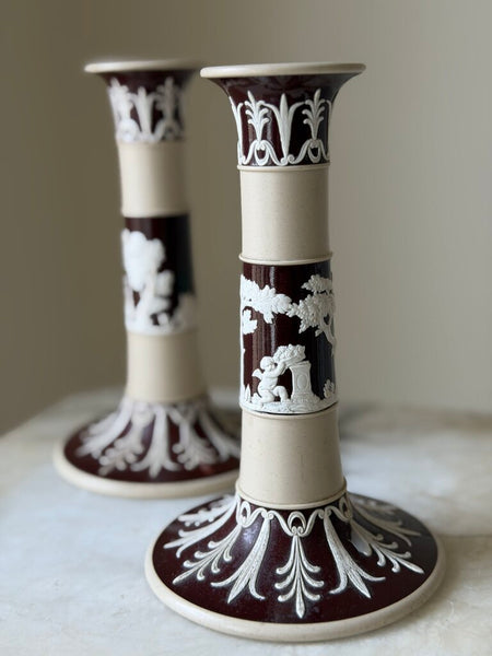 1404 Antique Copeland Jasperware Candleholders (as-is)