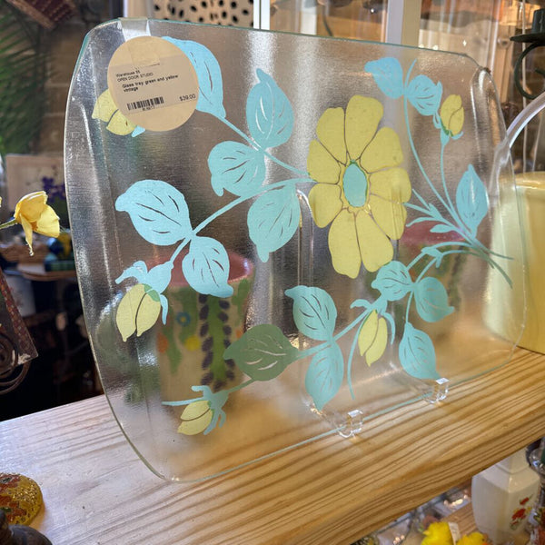 Glass tray green and yellow vintage