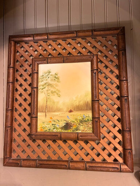 Vintage Oil Painting w/ Bamboo Frame (Pair)