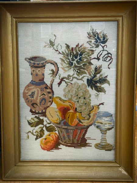 FRAMED VINTAGE NEEDLEPOINT 25 1/2" x 34" , GOLD FRAME. STORE PICK, UP