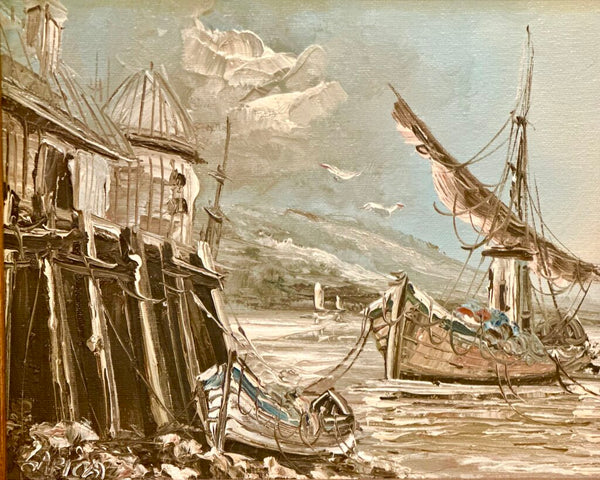 FRAMED VINTAGE HARBORSCAPE, OIL ON BOARD. SIGNED 15 1/4" x 13 1:4