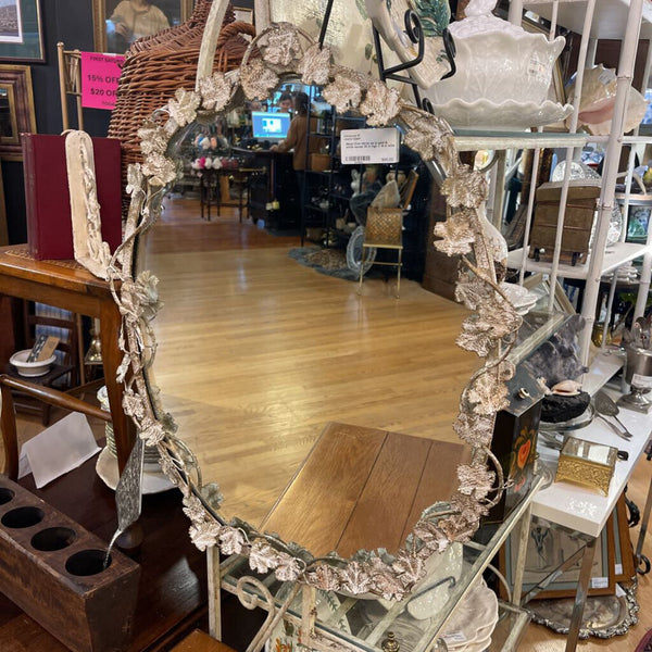 Metal Oval mirror as is gold & white leaves 25 in high x 19 in wide
