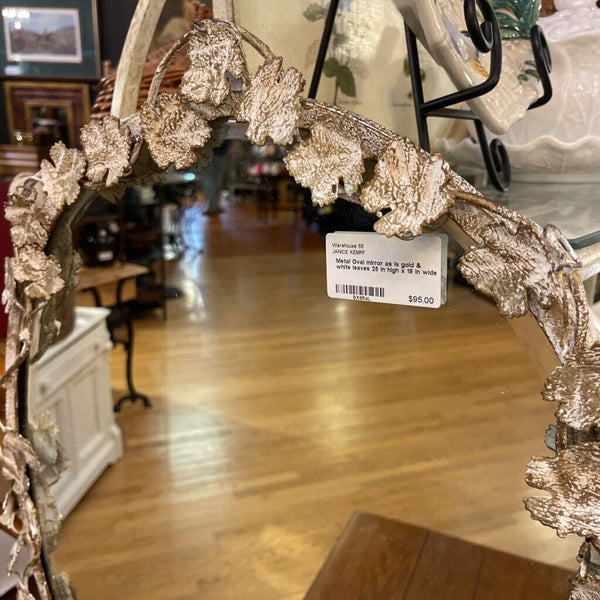 Metal Oval mirror as is gold & white leaves 25 in high x 19 in wide