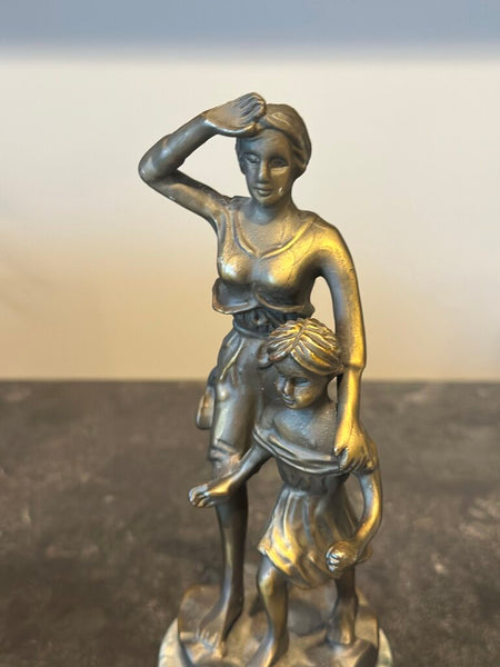 BRONZE WOMAN AND GIRL FIGURES ON MARBLE BASE. 9"H x 4"W