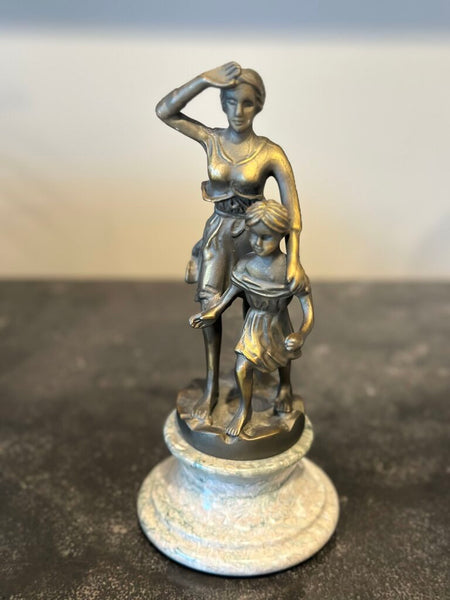 BRONZE WOMAN AND GIRL FIGURES ON MARBLE BASE. 9"H x 4"W