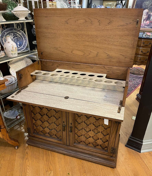 MCM oak BAR Moorish quatrefoil design tops flips up. As is IN STORE PICK UP ONLY