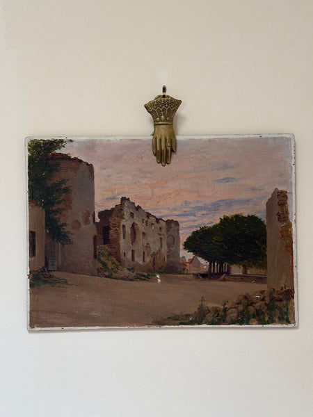 2211 Antique French Architectural Ruins Oil on Wood Panel Painting