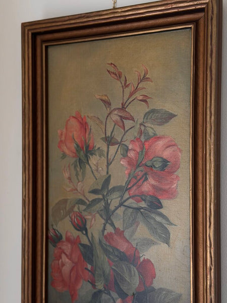 1501 Antique Vertical Coral Rose Oil on Board Painting