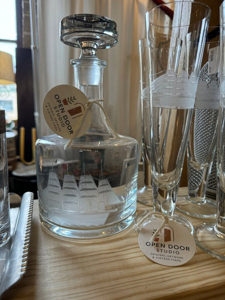 Liquor decanter with etched ship nautical motif