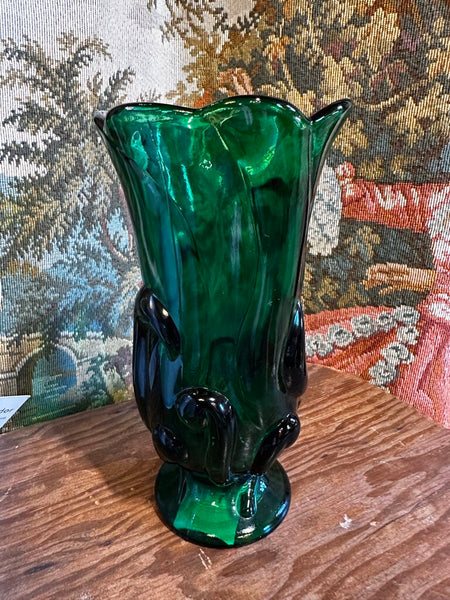 Vintage Green Glass Fenton Vase 8.5 T Heavy