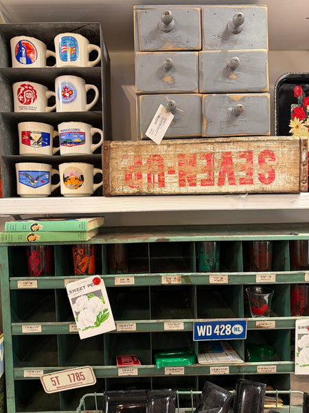 JFV ~ Vintage wood cubby box with metal side drawers.