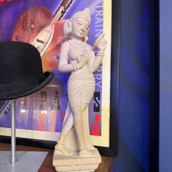 Gwalior Carved Stone Apsara with Mirror Sculpture 18"