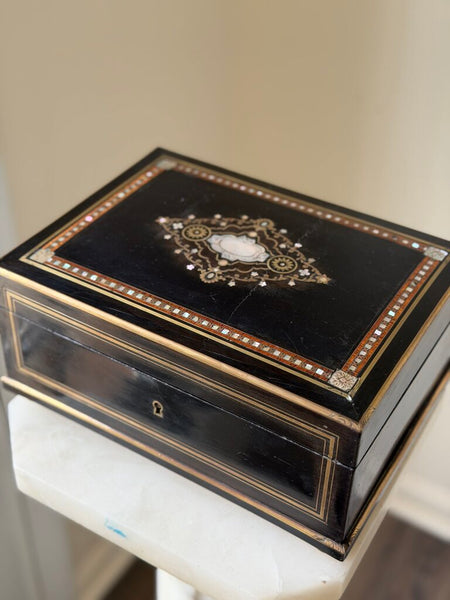 2303 Antique French Ebonized Wood, Brass & Abalone Shell Inlay Jewelry Box w/ Original Tufted Silk Lining
