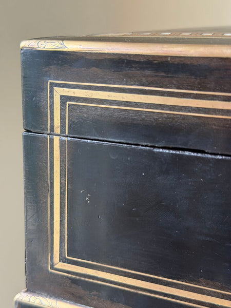 2303 Antique French Ebonized Wood, Brass & Abalone Shell Inlay Jewelry Box w/ Original Tufted Silk Lining