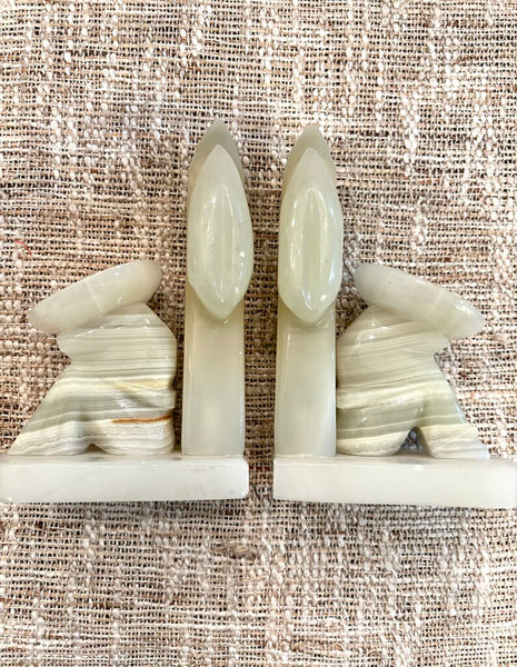Set of 2 Vintage Mexican Carved Onyx Marble Cactus w/ Man in Sombrero Bookends