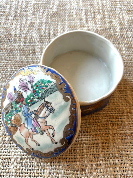 Vintage Chinoiserie Equestrian Porcelain Hand Painted Lid Trinket Jar