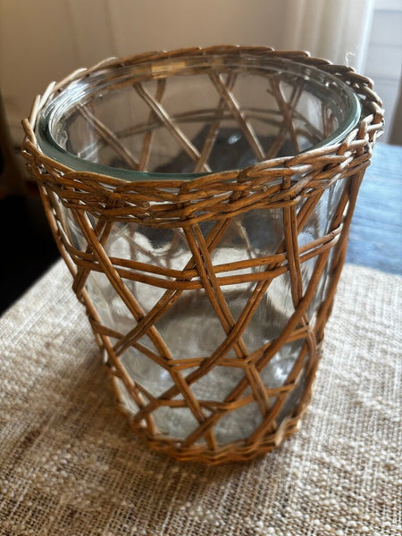 Cane Wrapped Glass Hurricane Pillar Candle Holder/Vase 8.75H