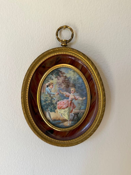2497 Miniature Oval French Courting Scene Signed Painting in Bronze Frame