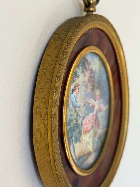 2497 Miniature Oval French Courting Scene Signed Painting in Bronze Frame