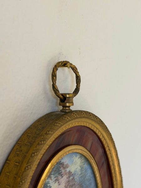 2497 Miniature Oval French Courting Scene Signed Painting in Bronze Frame