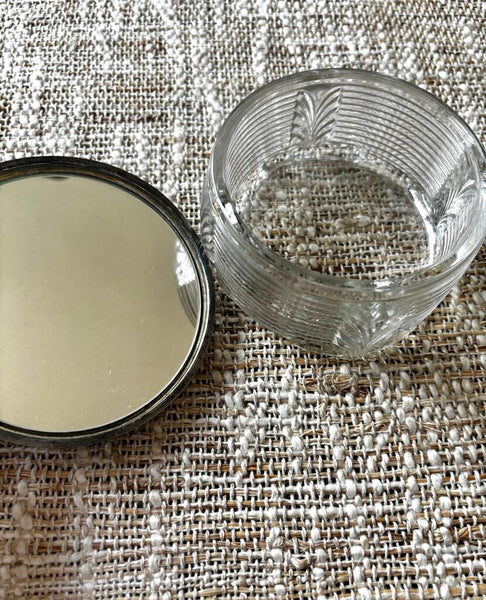 Vintage Glass Powder Jar / Vanity Dresser Silver Plate Lid Mirrored Inside