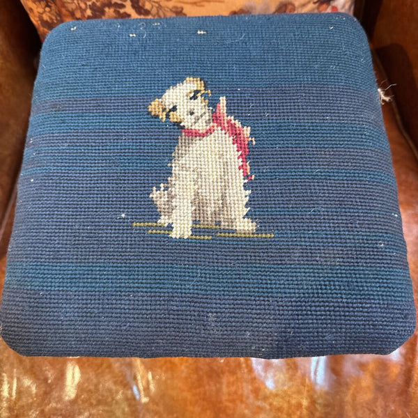 Old needlepoint footstool of a dog some wear on top of 9.5” square x 8” h