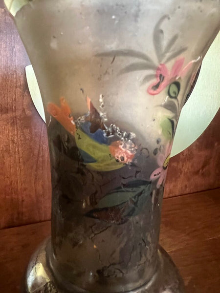Anitque Authentic Mercury Glass Hand Painted Vase with Birds