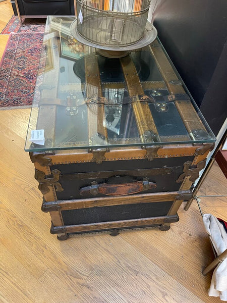 Antique wood and leather trunk with inserts and glass top as is IN STORE PICK IUP ONLY