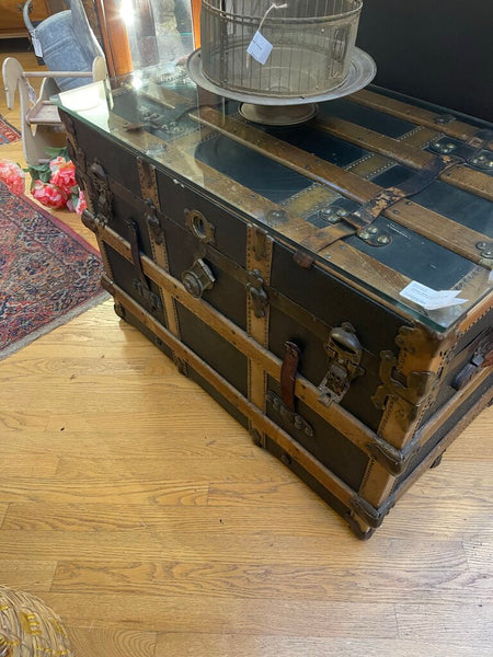 Antique wood and leather trunk with inserts and glass top as is IN STORE PICK IUP ONLY